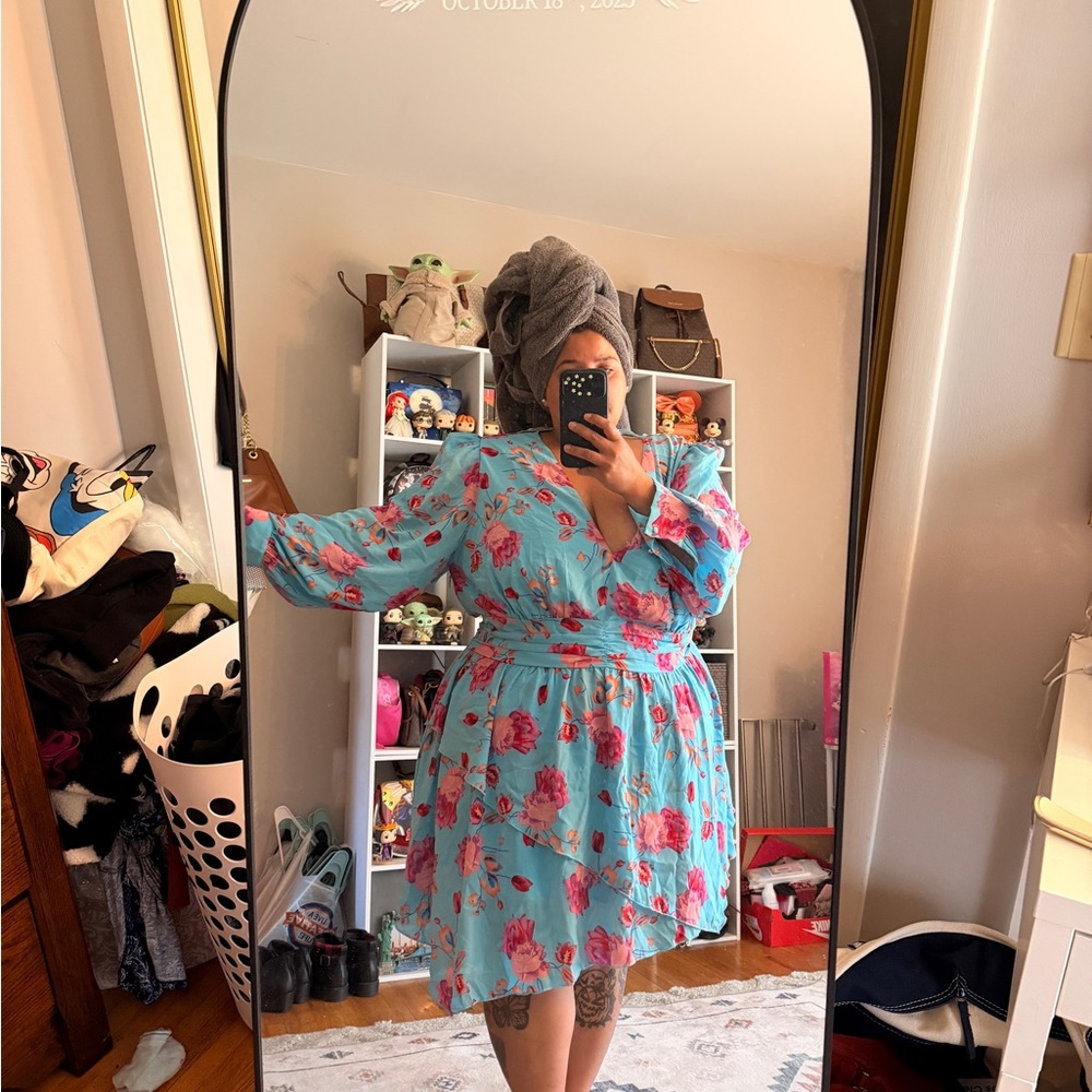 Plus Size Floral Wrap Dress in Light Blue with Pink Roses